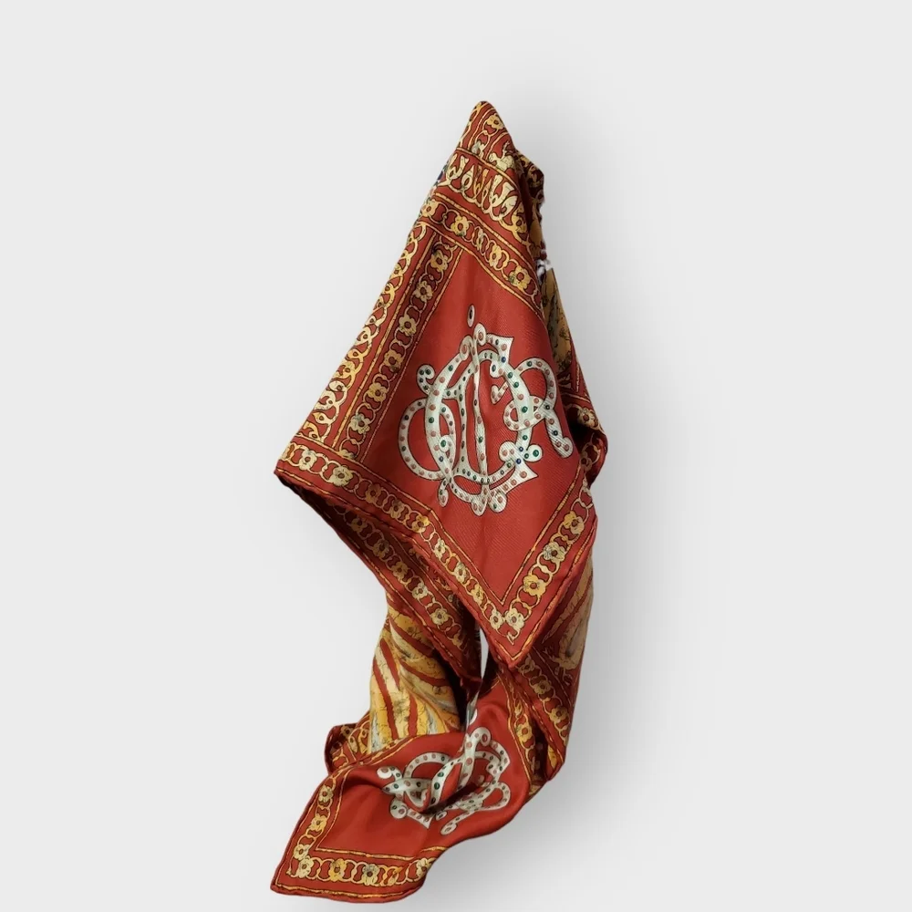 DIOR Vintage Red, Gold & Blue Silk Scarf - Intricate Hand Rolled Edges 90 Square